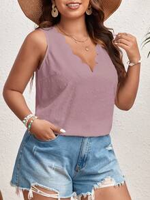 SHEIN VCAY Plus Size Nữ Màu Trơn Đơn Giản Hàng Ngày Có Viền Cổ Áo Không Tay - Bụi hồng - Xem 5