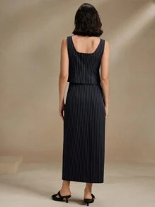 Anewsta 2pcs Set Of 2024 Spring Summer New Style Spaghetti Strap Cardigan, Stripe Pattern Vest And Skirt