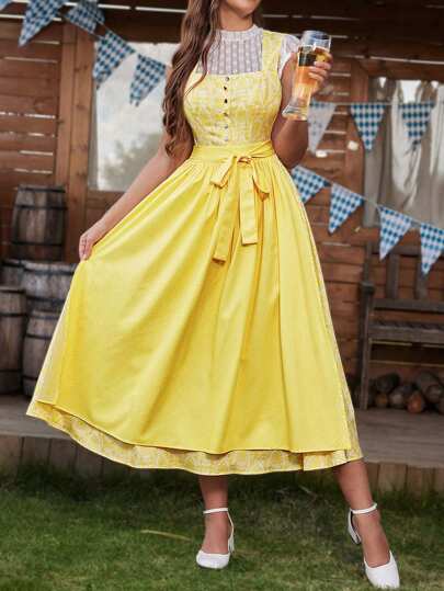 Chiquease Women's Lace Trim Belted Midi Dress