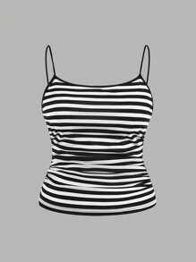 SHEIN EZwear 3pcs Plus Size Women Ruched Side Solid & Striped Cami Top, Summer - Multicolor - View 5
