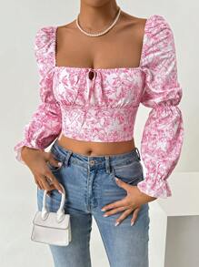 Chiquease Áo sơ mi crop top tay phồng in hoa thông thường dành cho nữ, Xuân Hè - Hồng - Xem 1