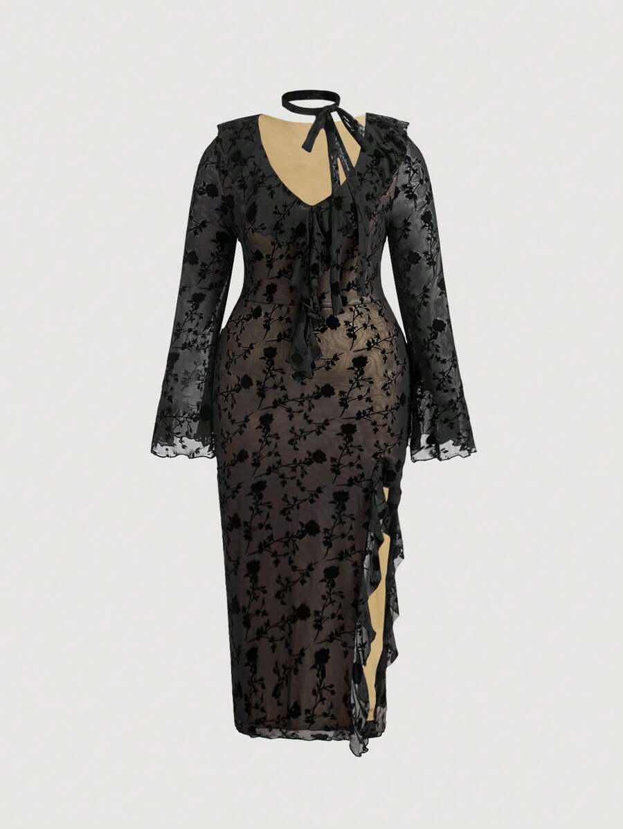 SHEIN MOD Plus Size Netted Flocked Ruffled Bell Sleeve High Slit Mid-Length Black Dress - Black - View 1