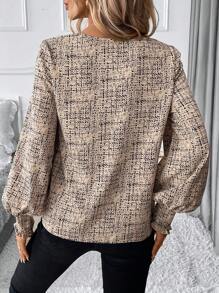 SHEIN Clasi Blusa recta holgada de manga larga con cuello en V, con estampado floral menudo color albaricoque, elegante y cómoda, apta para uso diario y para ir al trabajo - Multicolor - Ver 2