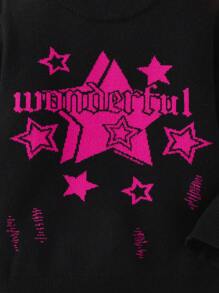 Young Girls Jacquard Letter & Star Pattern Pullover Sweater, Suitable For Daily Wear, Outings And Travel In Autumn/Winter - Black - View 4