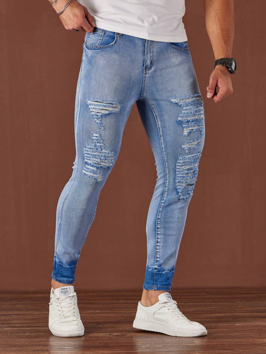 Manfinity Roughcore Vaqueros ajustados informales de denim azul claro para hombre - Lavado ligero - Ver 1