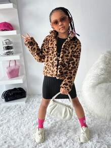 SHEIN Wildeya 2 piezas Conjunto de chaqueta con estampado de leopardo informal + vestido negro de punto acanalado para niña pequeña y niña joven, adecuado para salidas de ocio y uso diario, otoño/invierno