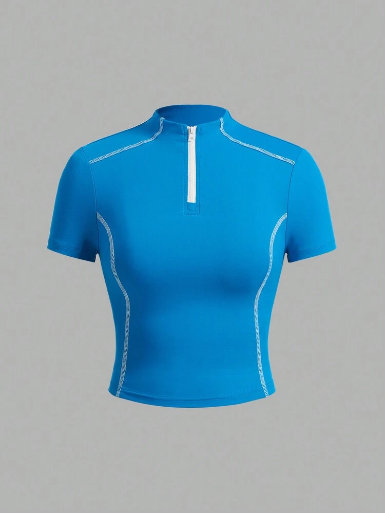 Zipper Contrast Color Sewing Stand Collar Slim Fit Short Sleeve T-Shirt And Contrast Color Skirt