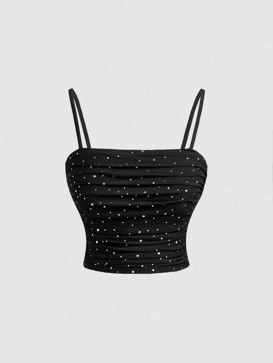 SHEIN MOD 前褶黑色紧身优雅背心、秋季上衣、性感背心、派对背心、约会背心、俱乐部上衣、亮片上衣、生日女士服装 - 黑色 - 查看 1