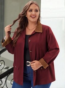 EMERY ROSE Plus Size Women Red Front Button Splice Long Sleeve Trench Coat,Fall Clothes - Red - View 6