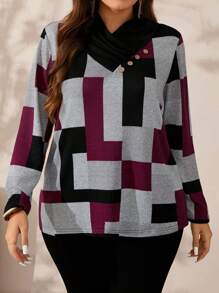 EMERY ROSE Plus Size V-Neck Long Sleeve All-Over Print Button Casual Loose Comfortable Fall T-Shirt
