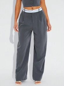 SHEIN SXY Women Contrast Color Waist Pocket Pleated Loose Suit Pants High Waisted Pants