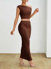 SHEIN PETITE 1 套女式不对称领口荷叶边衬衫和纯色裙子，优雅夏季服装 - 咖啡棕 - 查看 3