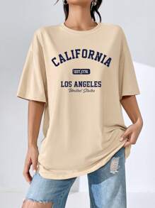 SHEIN EZwear تيشرت قصير الأكمام بياقة مستديرة مع طباعة إنجليزية كبيرة ، تيشرت مريح فضفاض مناسب للنساء للصيف - لون مشمشي - مشاهدة 5