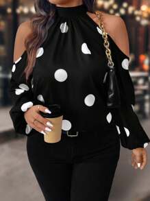 EMERY ROSE Plus Size Women's Spring And Summer Dot Print Open Shoulder Loose Blouse Fall Cloth For Women
