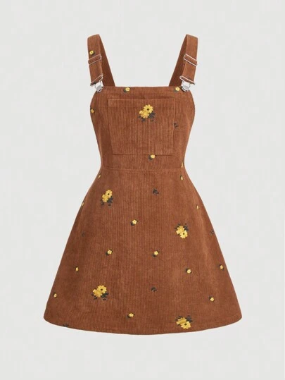 SHEIN MOD Plus Size Vintage Corduroy Embroidered Floral Pinafore Dress, Summer