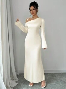 Elenzga Elegant asymmetrisk långärmad klänning med svängkrage - krämfärgad - Aprikos - Visa 5