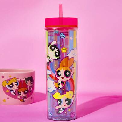 THE POWERPUFF GIRLS X SHEIN 可愛卡通人物印花480ML半透明雙層吸管杯