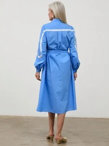 SHEIN LUNE Vestido elegante de estilo "Old Money" de primavera/otoño casual, con bloqueo de color, solapa, botones delanteros y largo midi para mujer - Azul y blanco - Ver 4