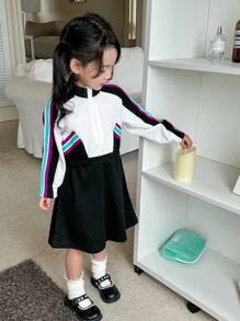 SHEIN 1pc Toddler Girls' Long Sleeve Color-Block Sporty Hoodie Dress, Cinched Waist & Half-Zip Closure - Multicolor - View 3