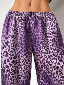 SHEIN Essnce Women Satin Leopard Print Low Waist Wide Leg Pants, Pajama Style Satin Pants, Pink Purple Leopard,Leopard Costume - Multicolor - View 5