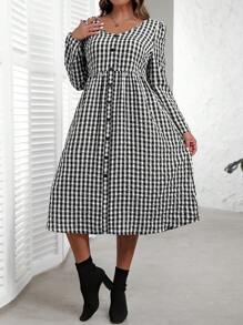 EMERY ROSE Robe casual à manches longues pour l'automne, col V, imprimé à carreaux, grande taille