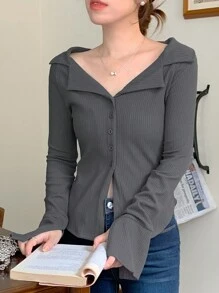 DAZY Women's Casual Solid Color Bell Sleeve Button Front T-Shirt, Spring & Autumn - Grey - View 4