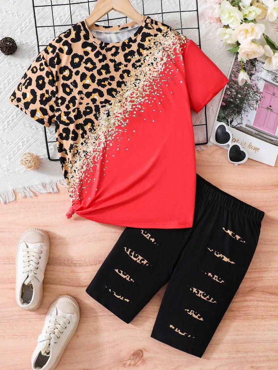 Bộ 2 món áo thun tay ngắn họa tiết da báo và màu khối cho bé gái tuổi teen, mùa hè - Nhiều màu - Xem 1