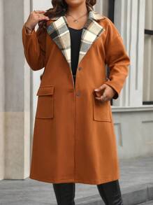 SHEIN LUNE 大码女式格子拼布长袖休闲羊毛衬衫 - 棕色 - 查看 4