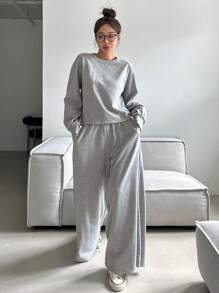 DAZY 女士纯色圆领宽松卫衣和阔腿裤两件套，秋季女装运动套装家居服套装 - 灰色 - 查看 7