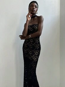 Aloruh Đầm Maxi hở vai ren đen thanh lịch lãng mạn cho kỳ nghỉ dành cho nữ - màu đen - Xem 7