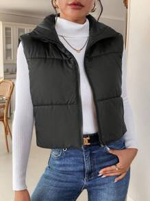 SHEIN Frenchy 女士秋冬翻领绗缝无袖短款棉服外套、羽绒背心 - 黑色 - 黑色 - 查看 4