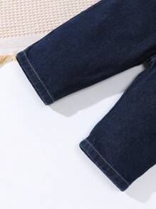 Peto vaquero cómodo y holgado con estampado de oso vintage en azul marino oscuro para bebés niños, para Navidad - Azul lavado oscuro - Ver 4