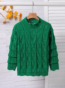 Tween Girl Geometric Pattern Knitted Pullover Sweater With Stand Collar, Autumn/Winter - Green - View 1