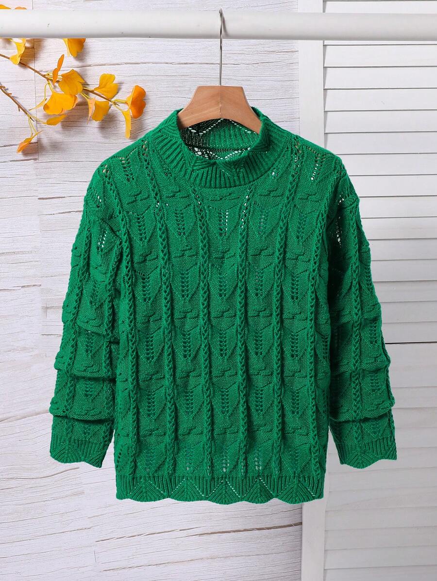 Tween Girl Geometric Pattern Knitted Pullover Sweater With Stand Collar, Autumn/Winter - Green - View 1