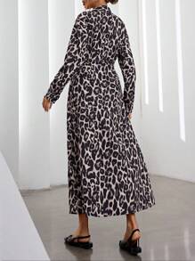 SHEIN Privé Elegant V-Neck Wrap Waist Design Animal Leopard Print Grey Long Sleeve Dress, Versatile Wear