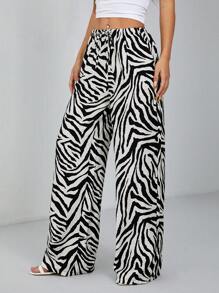 SHEIN PETITE Women's Fashionable Animal Print Zebra Print Wide Leg Pants - Black - View 5