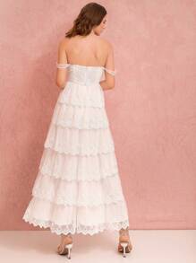 Enchnt 女士优雅纯色蕾丝高开叉露肩夏季连衣裙 - 白色 - 查看 2