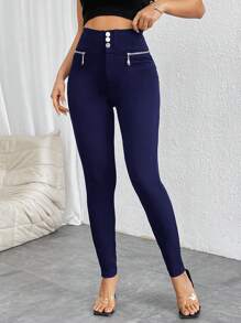 Firerie High Waist Button Zipper Skinny Pants - Navy Blue - View 3