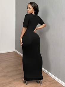 SHEIN SXY Plus Size Spring/Summer Casual Solid Color Slim Fit Short Sleeve Long Dress - Black - View 2