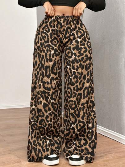SHEIN SXY Ropa de mujer para otoño; Pantalones anchos sueltos de tiro bajo con estampado de leopardo para mujeres