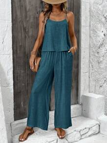 SHEIN LUNE 2 件套女士夏季亚麻皱褶吊带背心和裤子休闲套装 - 藍色 - 查看 6