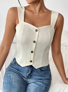 Chiquease Summer Casual Solid Color Front Button Tank Top - Apricot - View 6