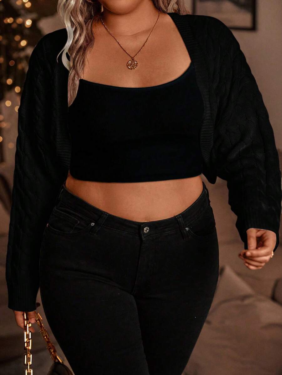 SHEIN LUNE Plus Size Solid Color Casual Long Sleeve Knit Cardigan, For Winter Fall Cloth For Women - Black - View 1