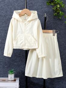 Young Girl Spring And Autumn Solid Color Long Sleeve Jacket And Casual Skirt Two-Piece Set - White - View 1