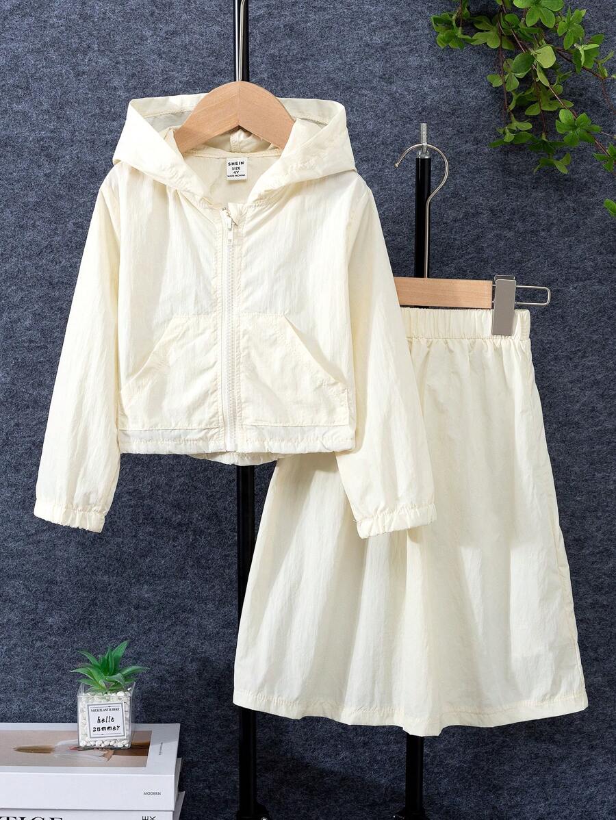 Young Girl Spring And Autumn Solid Color Long Sleeve Jacket And Casual Skirt Two-Piece Set - White - View 1