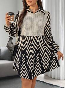 SHEIN Unity Plus Size Casual Spring & Autumn Printed Patchwork 2 In 1 Dress - Multicolor - View 4