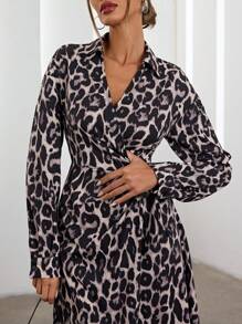 SHEIN Privé Elegant V-Neck Wrap Waist Design Animal Leopard Print Grey Long Sleeve Dress, Versatile Wear