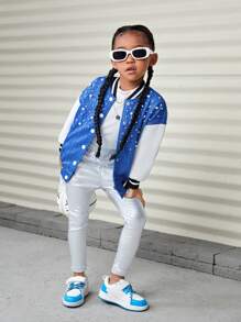 Young Girl Pearl Detail Color Block Striped Trim Drop-Shoulder Loose Fit 3D Denim Effect Jacket - Multicolor - View 6