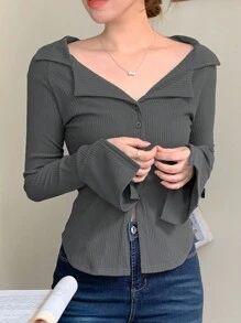 DAZY Women's Casual Solid Color Bell Sleeve Button Front T-Shirt, Spring & Autumn - Grey - View 2