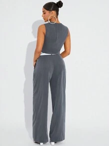 SHEIN SXY Women Contrast Color Waist Pocket Pleated Loose Suit Pants High Waisted Pants